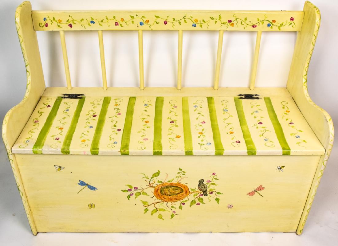Floral Motif Hand Painted Bench With Storage: Floral Motif Hand Painted Bench With Storage. Bench with lower storage cabinet, hand painted with a floral motif. 29.5 inches x 39 inches x 16.5 inches.
