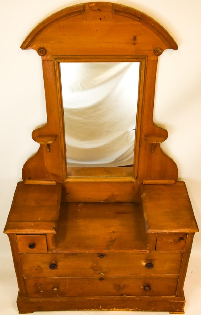 Art Deco Style Dresser / Bureau & Mirror: Art Deco Style Dresser / Bureau & Mirror. Wooden bureau with four pull out drawers and an upper mirror. Dresser measures 32 inches x 45 inches x 18 inches, mirror measures 53 inches x 41 inches x 4 in