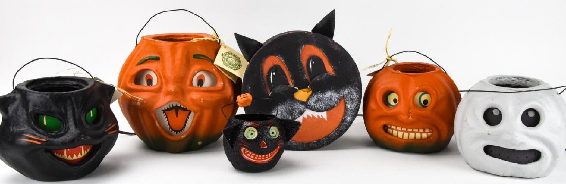 Collection Vintage Halloween Pumpkin Decorations: Collection Vintage Halloween Pumpkin Decorations. Some electrified. Larger measures 7 inches x 6 inches in diameter.