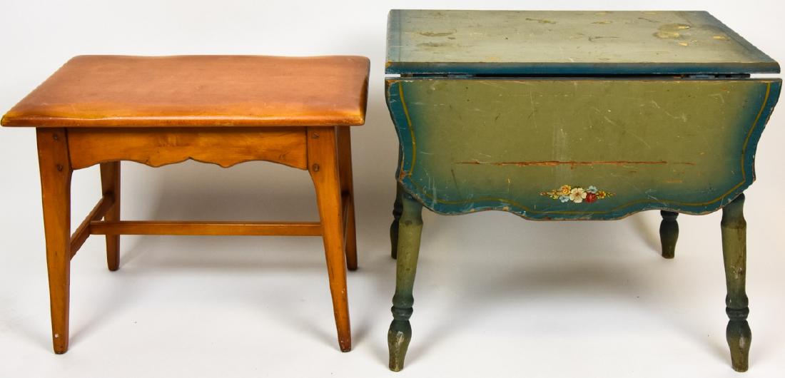 Child Size Drop Leaf Table & Kitchen Table: Child Size Drop Leaf Table & Kitchen Table. This lot includes two wooden child size tables. One is a drop leaf table with painted details. Drop leaf table measures 20 inches x 23 inches x 14 inches, e