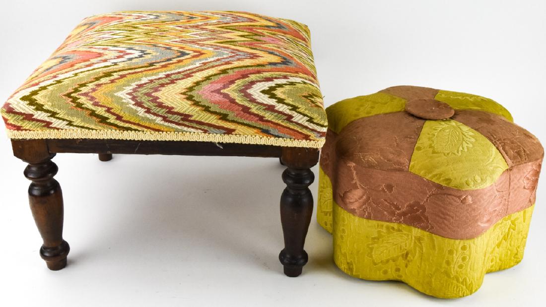 2 Fabric Upholstered Stools / Poufs: 2 Fabric Upholstered Stools / Poufs. This lot includes a custom fabric upholstered stool and an upholstered pouf. Larger measures 11 inches x 16 inches x 16 inches.