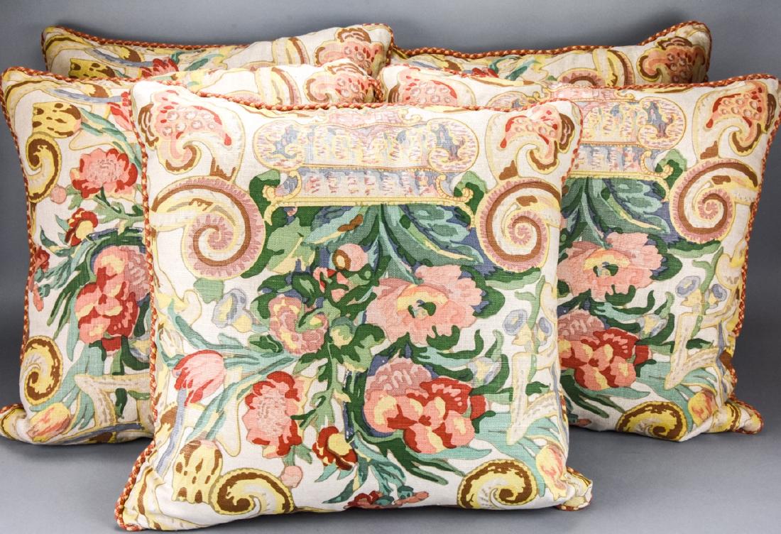 5 Custom Designer Upholstered Down Filled Pillows: 5 Custom Designer Upholstered Down Filled Pillows. This lot includes five down filled and custom upholstered throw pillows, each featuring a Neoclassical style floral motif. Measures approximately 20 