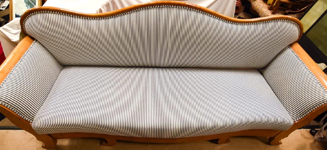 Biedermeier Style Fruitwood & Upholstered Couch: Biedermeier Style Fruitwood & Upholstered Couch. Large sofa / couch with a serpentine form fruitwood frame. Upholstered in blue and white striped fabric. 40 inches x 86 inches x 25 inches.
