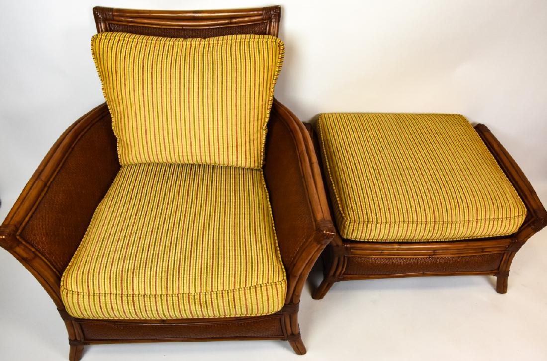 Ethan Allen Plantation Caned Armchair & Ottoman: Ethan Allen Plantation Style Caned Armchair & Ottoman. Caned armchair and ottoman with upholstered cushions. Chair measures approximately 36 inches x 36 inches x 30 inches.