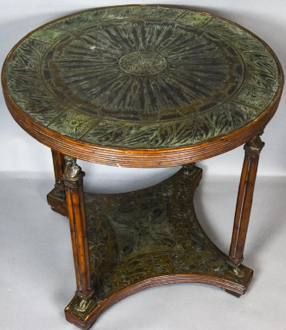 Maitland Smith Etched Copper Top Occasional Table: Maitland Smith Etched Copper Top Occasional Table. Occasional or side table with a hand etched copper top with patina. Features figural maiden heads and feet on the balusters. 28.5 inches x 28.5 inche