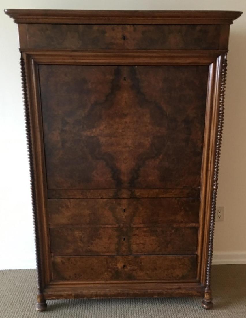 Antique 19th C Biedermeier Walnut Secretary Desk: Antique 19th C Biedermeier Walnut Secretary Desk. Antique 19th century biedermeier birds eye walnut secretary desk. Features four drawers with 12 interior drawers within the desk. Inlaid motifs with a
