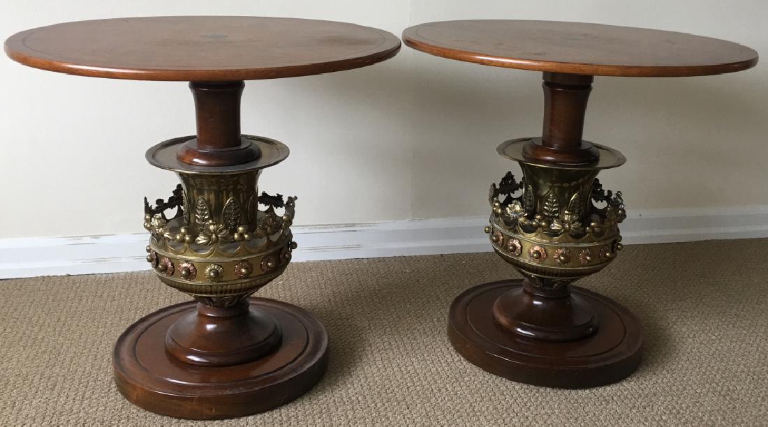 Pair Antique 19th C French Brass Copper End Tables: Pair Antique 19th C French Brass Copper End Tables. Pair of antique 19th century French end / side tables or capitals with brass and copper details. 26 inches x 26 inches.