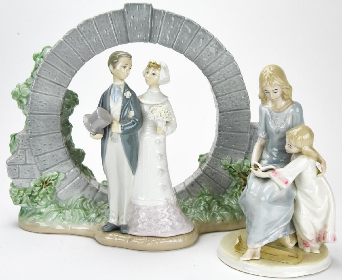 3 Lladro Statues Including Wedding #7503 & #4808: 3 Lladro Statues Including Wedding #7503 & #4808. This lot includes Lladro porcelain statues of a bride and groom and an arch, both marked on bottom. Also includes a Lladro style figurine of a mother 