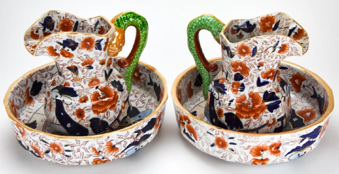 2 Masons Ironstone Imari Ware Pitchers & Bowls: 2 Masons Ironstone Imari Ware Pitchers & Bowls. This lot includes two pitchers and two bowls in an Imari style hand painted pattern by Masons England. Larger bowl measures 3.5 inches x 12 inches in di