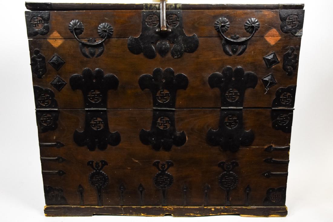 Antique 19th Century Korean Wooden Blanket Chest: Antique 19th Century Korean Wooden Blanket Chest. Antique 19th century Korean chest with wrought iron hardware. Measures 32 inches x 38 inches x 16.5 inches.