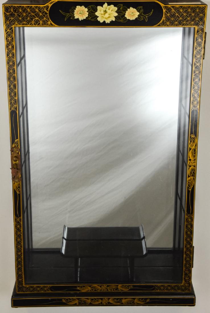 Chinoiserie Hand Painted Etagere / Display Cabinet: Chinoiserie Hand Painted Etagere / Display Cabinet. Chinoiserie style hanging display cabinet with a mirrored back and hand painted cabinet door. 32.5 inches x 19 inches x 4.5 inches.