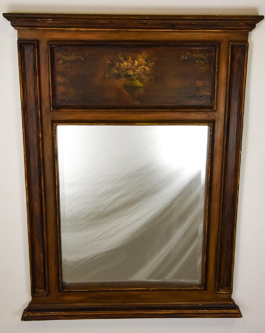 Neoclassical Style Hand Painted Trumeau Mirror: Neoclassical Style Hand Painted Trumeau Mirror. Wooden trumeau mirror with a hand painted floral motif. Center mirror features beveled glass. 40.5 inches x 30 inches.