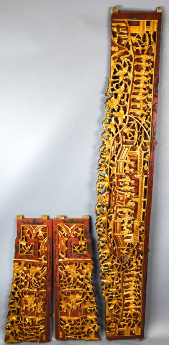 Asian Carved Gilt Architectural Salvage Pediments: Asian Carved Gilt Architectural Salvage Pediments. 3 Asian carved wood, hand painted and gilt architectural salvage elements. Each features figures carved in relief. Larger measures 12.5 inches x 76 i