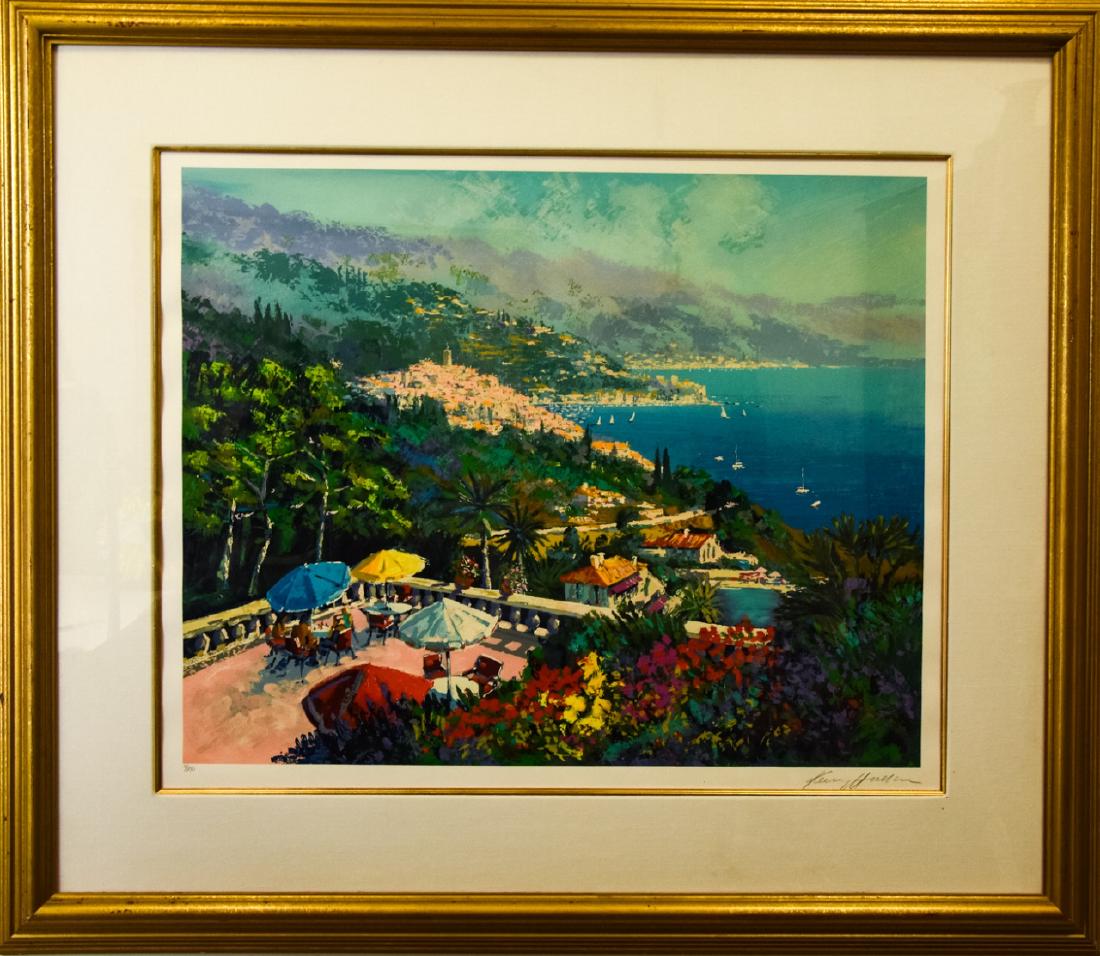 Kerry Hallam Signed Mediterranean View Lithograph: Kerry Hallam Signed Mediterranean View Lithograph. Lithograph depicting a Mediterranean view, pencil signed by the artist Kerry Hallam (b.1937). Professionally matted and framed. Frame measures 47 inc