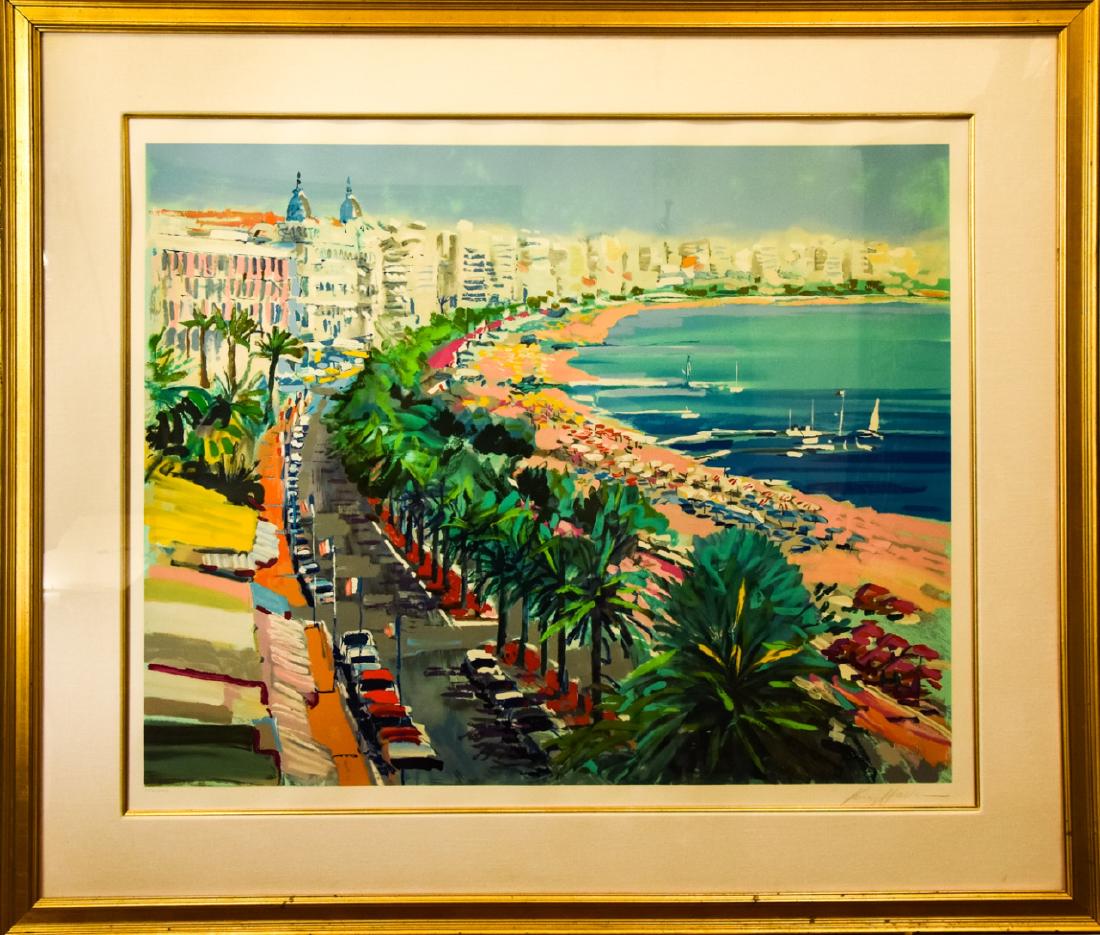 Kerry Hallam Signed "Cannes" Lithograph: Kerry Hallam Signed "Cannes" Lithograph. Lithograph depicting Cannes France, pencil signed by the artist Kerry Hallam (b.1937). Professionally matted and framed. Frame measures 52 inches x 60 inches.