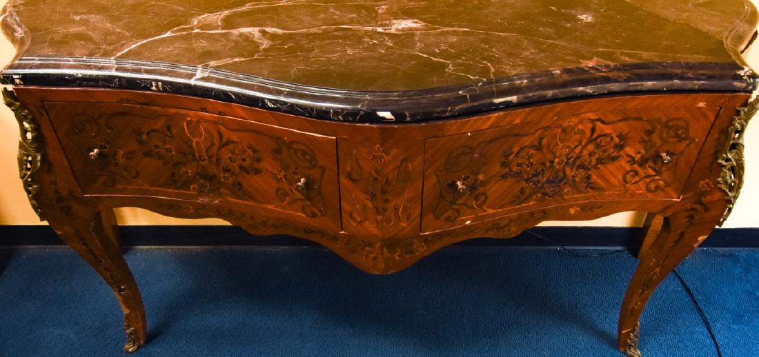Louis XV Style Marble Top Inlaid Server Sideboard: Louis XV Style Marble Top Inlaid Server Sideboard. French Louis XV style sideboard or server with bow front, marble top, and marquetry inlaid floral motifs. Features two cabinets and cabriole legs wit