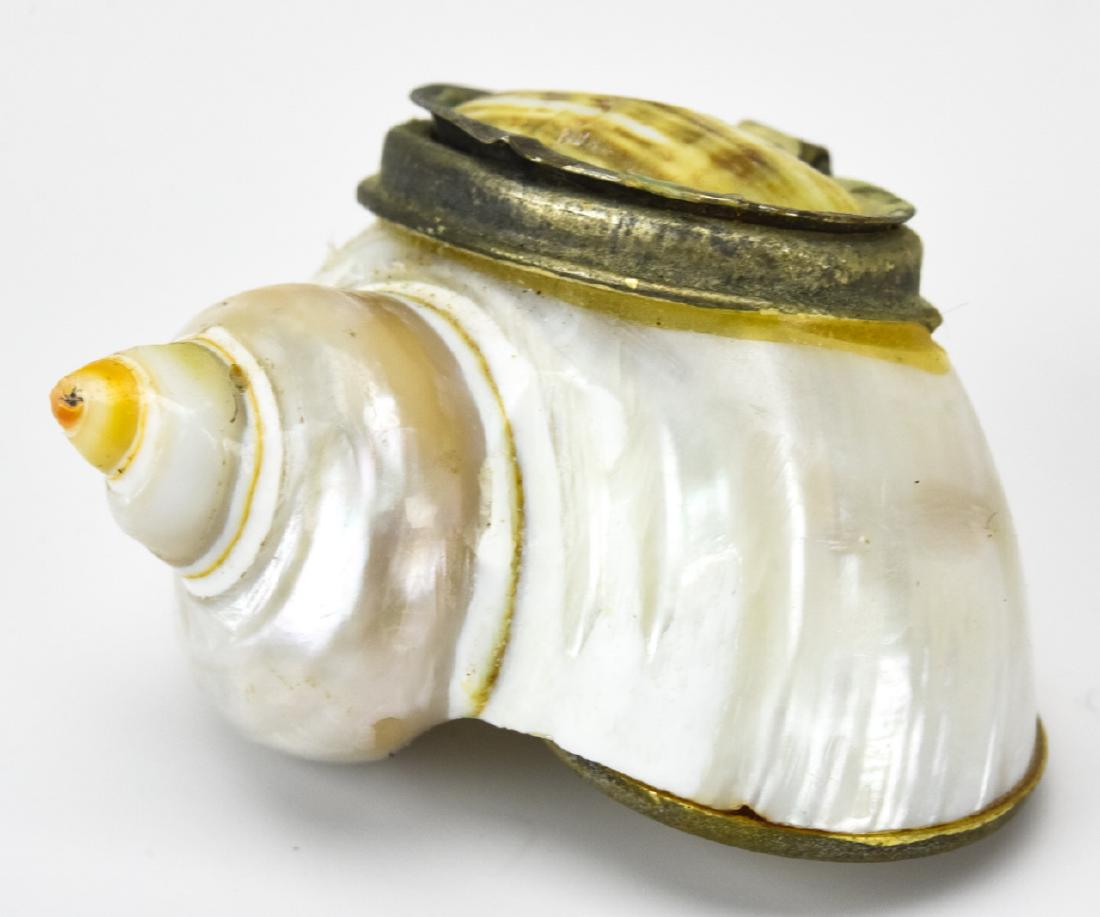 Snuff or Pill Box Handmade from Sea Shell: Snuff or Pill Box Handmade from Sea Shell. Measures just over 1.5 inches in width.