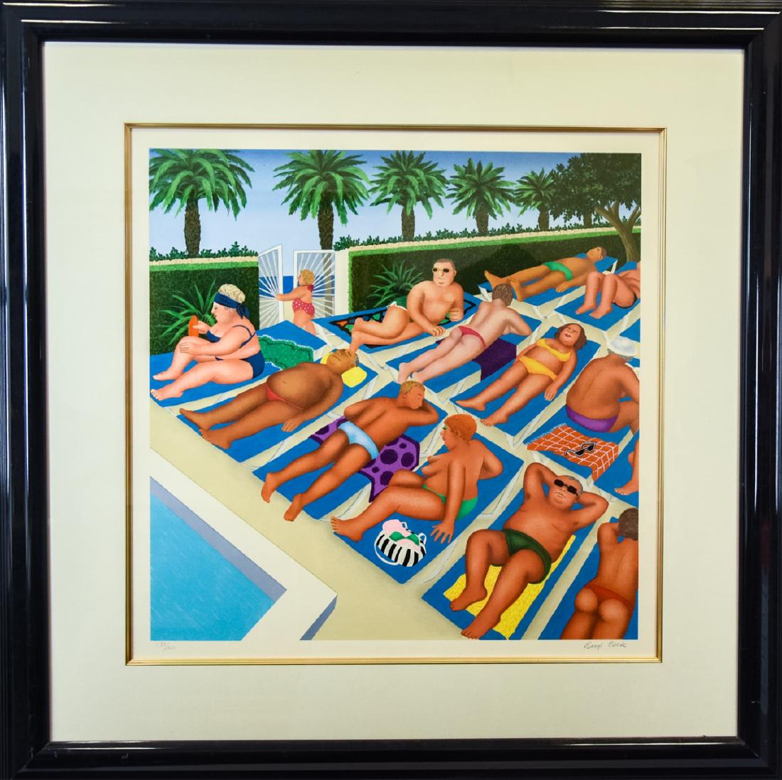 Beryl Cook "Tenerife Days" Signed Lithograph: Beryl Cook "Tenerife Days" Signed Lithograph. Lithograph depicting sunbathers by a pool titled "Tenerife Days", pencil signed and numbered 193/300 by the artist Beryl Cook (British, 1926-2008). Profes