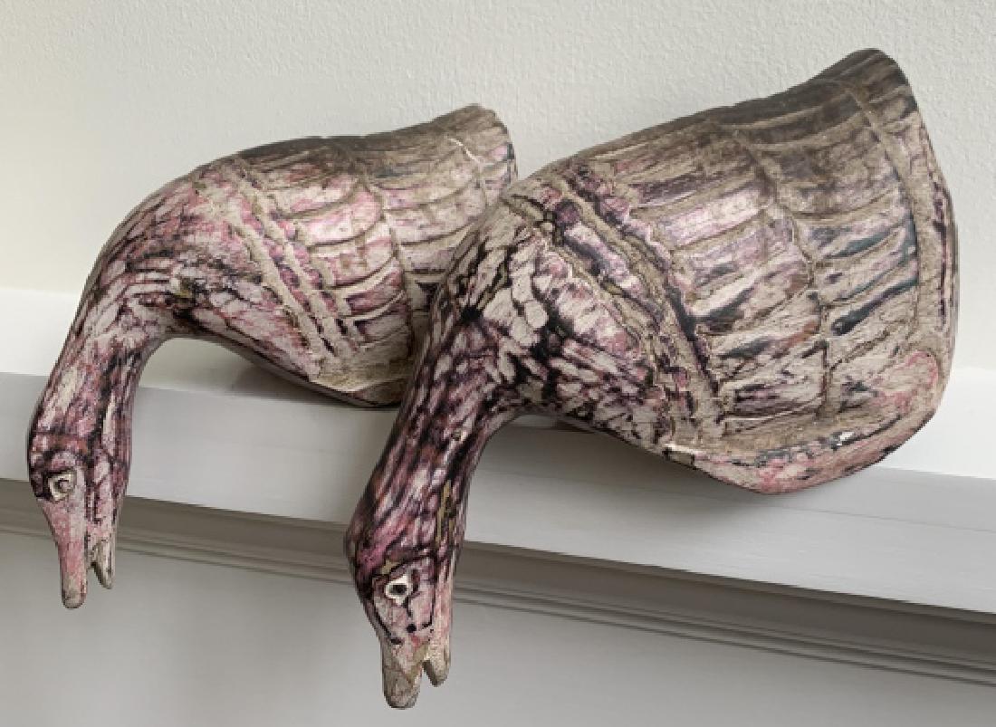 Pair Hand Painted Figural Duck Table Top Statues: Pair Hand Painted Figural Duck Table Top Statues. Pair of figural duck statues meant to sit on a ledge or shelf. 7 inches x 4.5 inches x 9 inches. Property of a Pound Ridge NY estate.