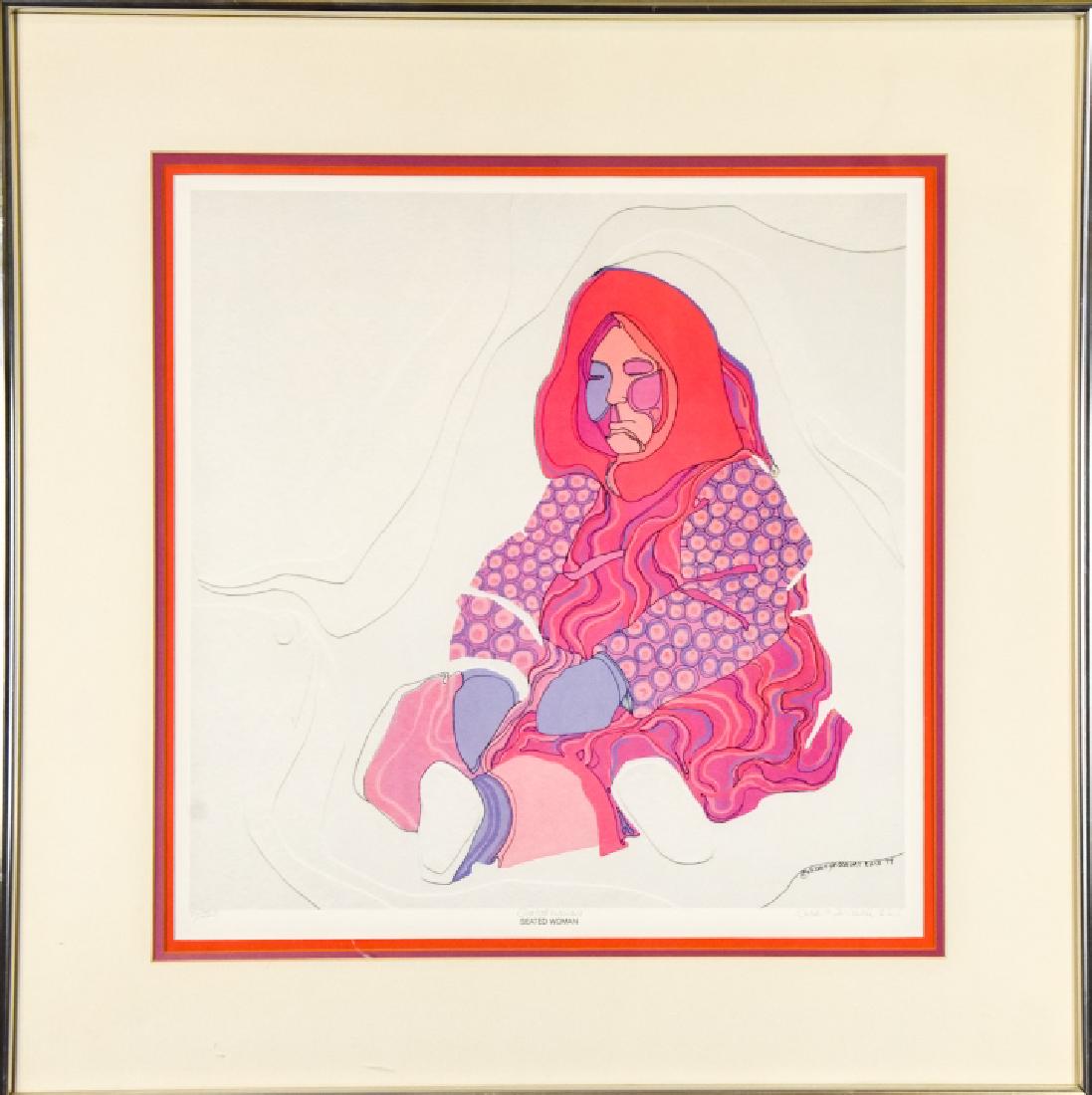Susan Pennewell Ellis Signed Alaskan Print: Susan Pennewell Ellis Signed Alaskan Print. Signed. Titled "Seated Woman" measures 25 x 25 inches. Professionally framed.