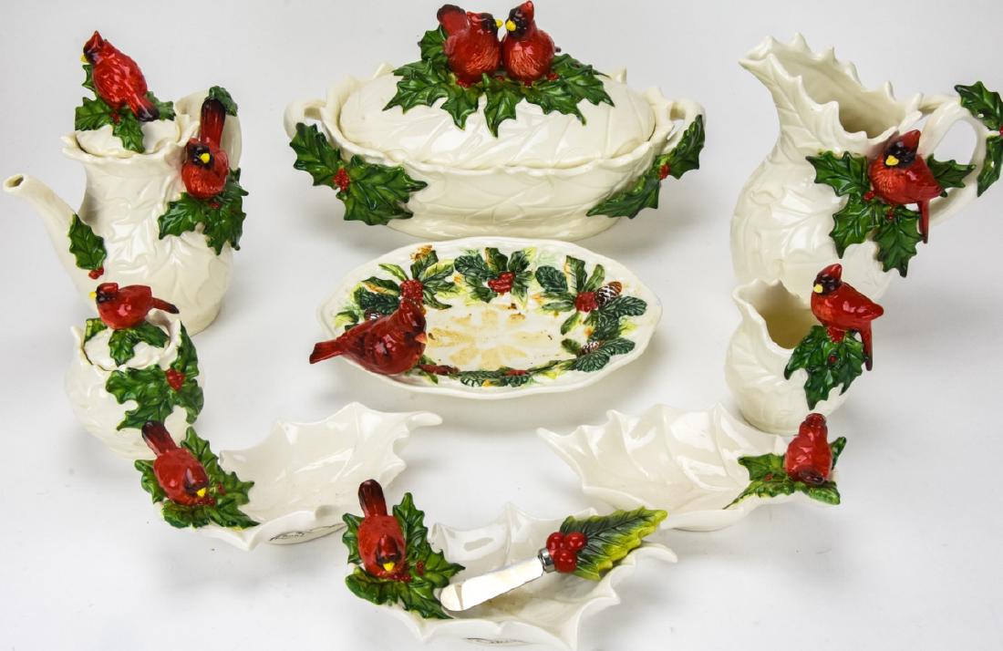 K & B Porcelain Robin & Holly Christmas Serveware: K & B Porcelain Robin & Holly Christmas Serveware. This lot includes a set of porcelain serveware with a figural Robin and holly leaf motif. Includes a lidded tureen, three condiment dishes, one platt