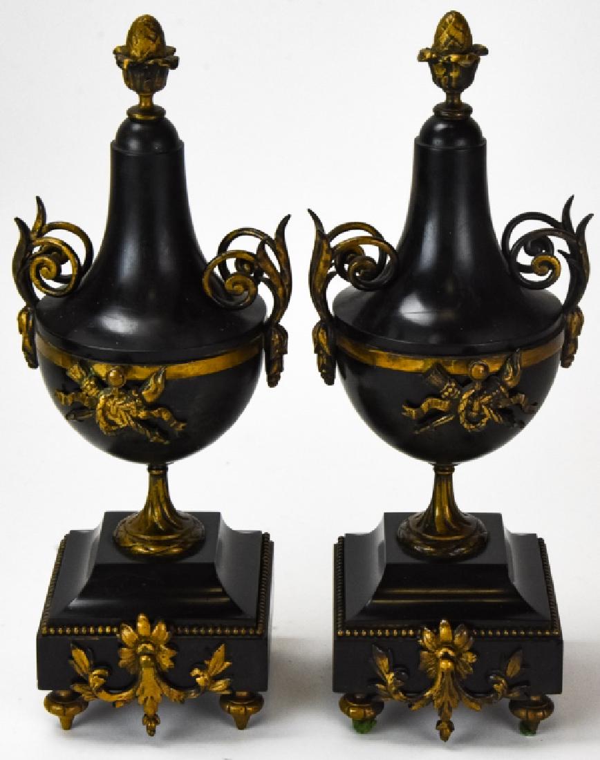 Pair Antique Polished Slate and Ormolu Cassolettes: Pair Antique Polished Slate and Ormolu Cassolettes. Urn form cassolettes on pedestals with ormolu detail. 12 inches x 4.5 inches x 4.5 inches