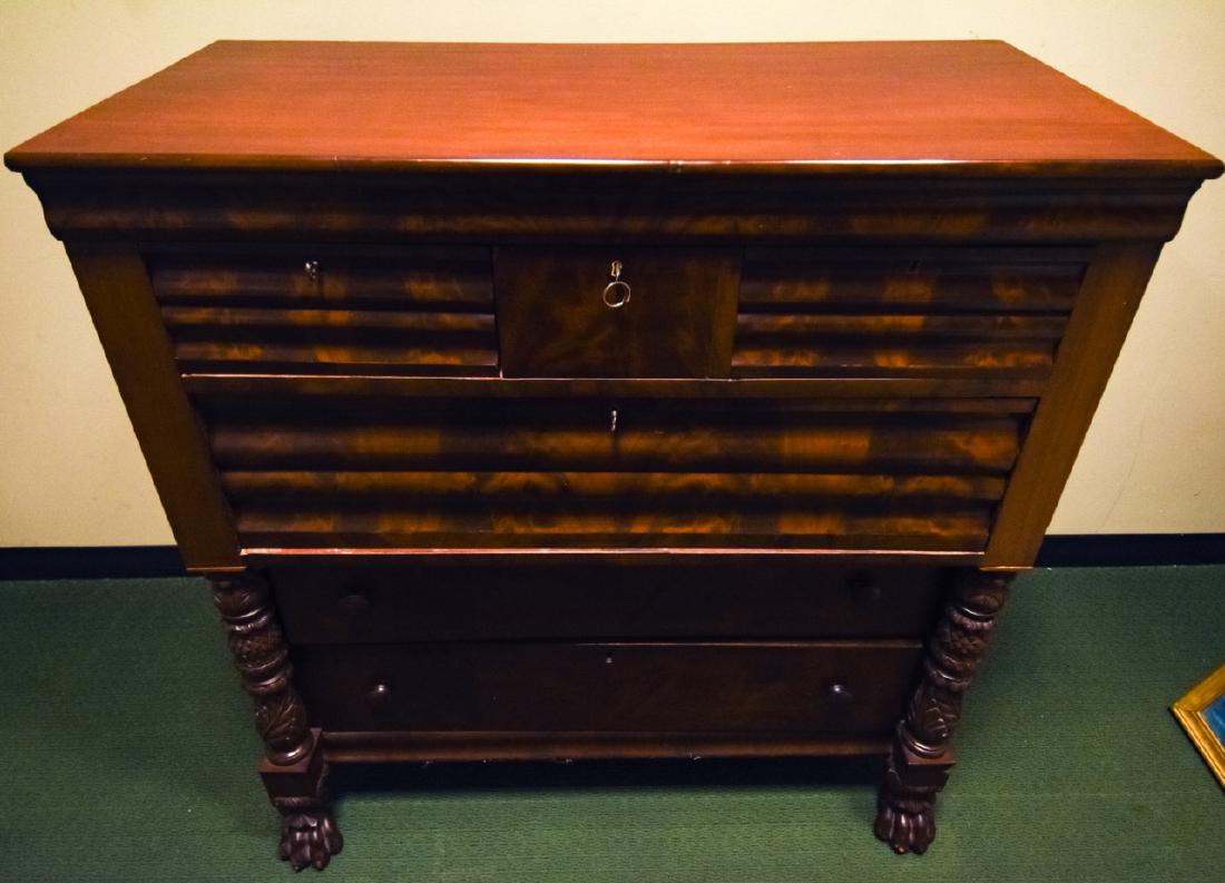 Empire Style Burled Veneer Commode W Claw Feet: Empire Style Burled Veneer Commode W Claw Feet. Empire style burled veneer commode / dresser / bureau / chest. Features carved balusters and claw feet. 47.5 inches x 44.5 inches x 21.5 inches.