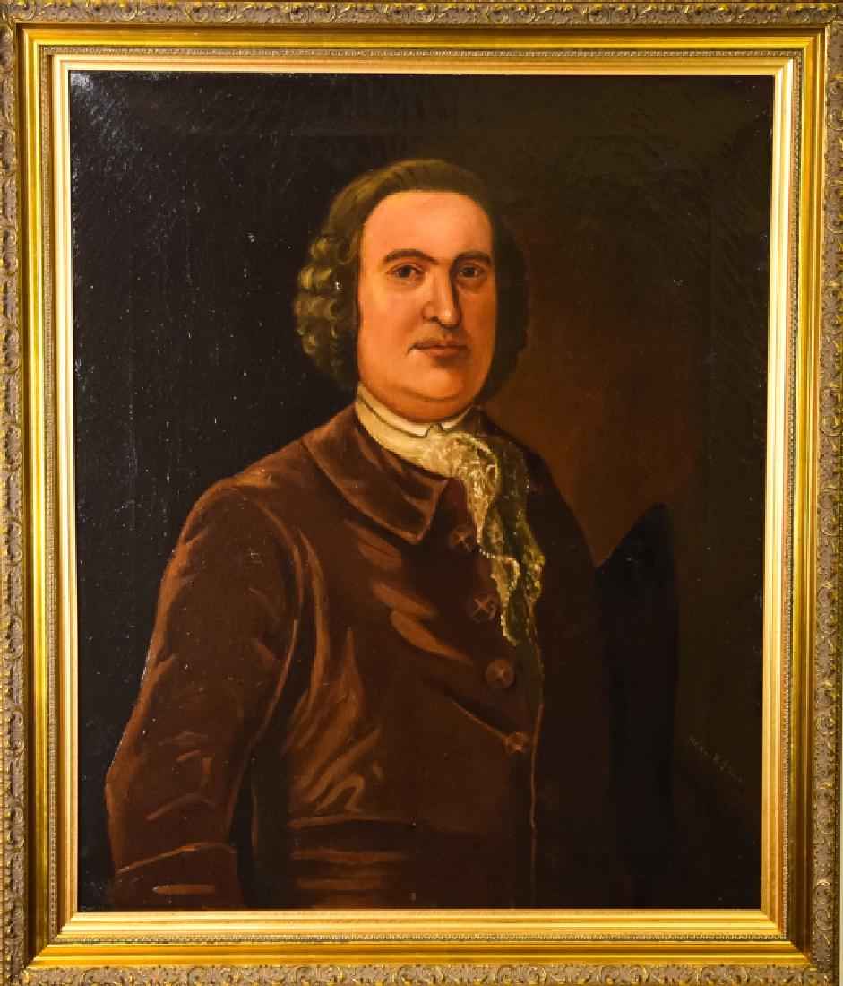 Antique Reproduction Portrait of Sidney Breese: Antique Reproduction Portrait of Sidney Breese. Originally painted in 1756 by Benjamin West, copied in 1882 by Helena Burrows Stevens. Oil on canvas, in a gilt frame. Signed on back. Frame measures 35