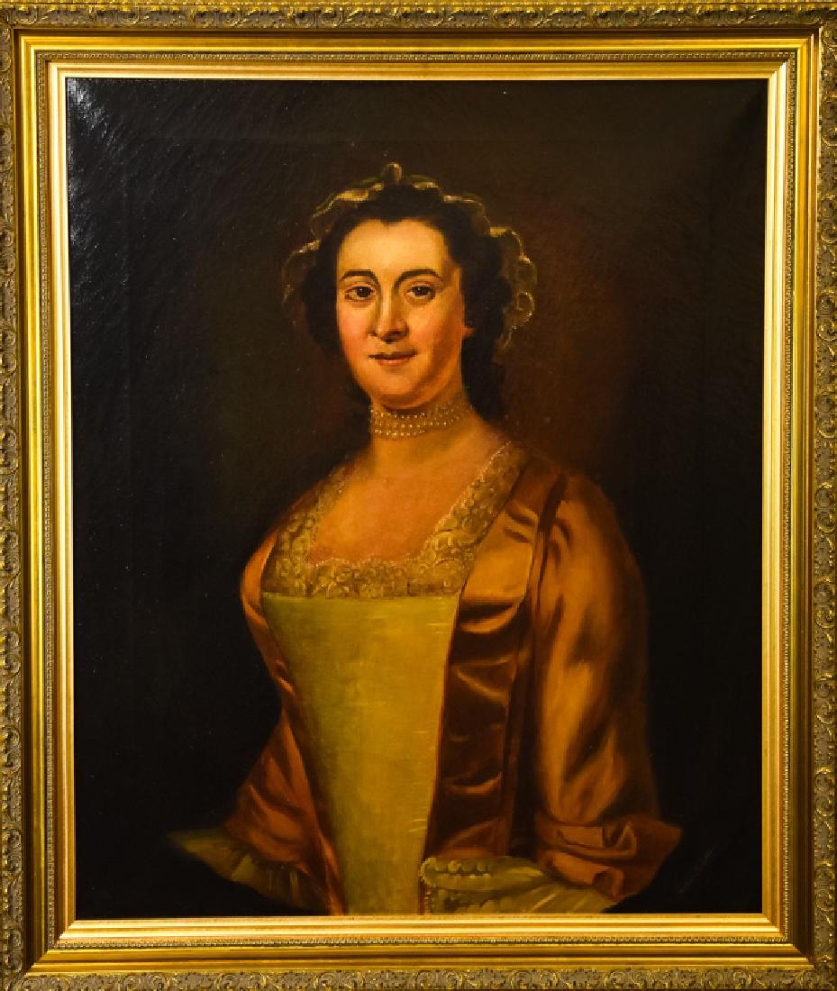 Antique Reproduction Portrait Elizabeth Pinkethman: Antique Reproduction Portrait of Elizabeth Pinkethman. Originally painted in 1756 by Benjamin West, copied in 1882 by Helena Burrows Stevens. Oil on canvas, in a gilt frame. Signed on back. Frame meas