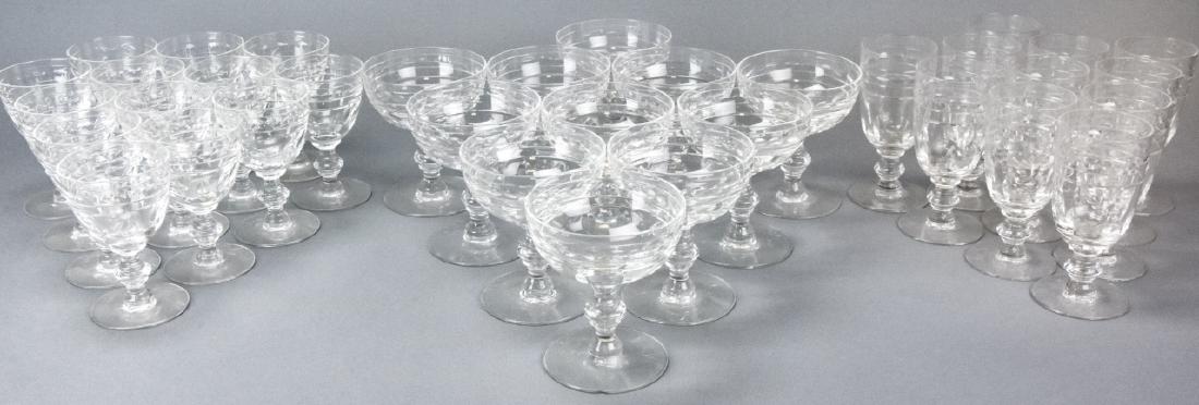 Set Vintage Crystal Thumbprint Dining Glassware: Set Vintage Crystal Thumbprint Dining Glassware. 11 Champagne, 12 white wine, 10 red wine glasses. Champagne glasses are 4 inches x 4 inches.