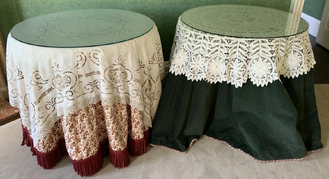Pair of Round End Tables With Custom Table Cloths (1 of 7)