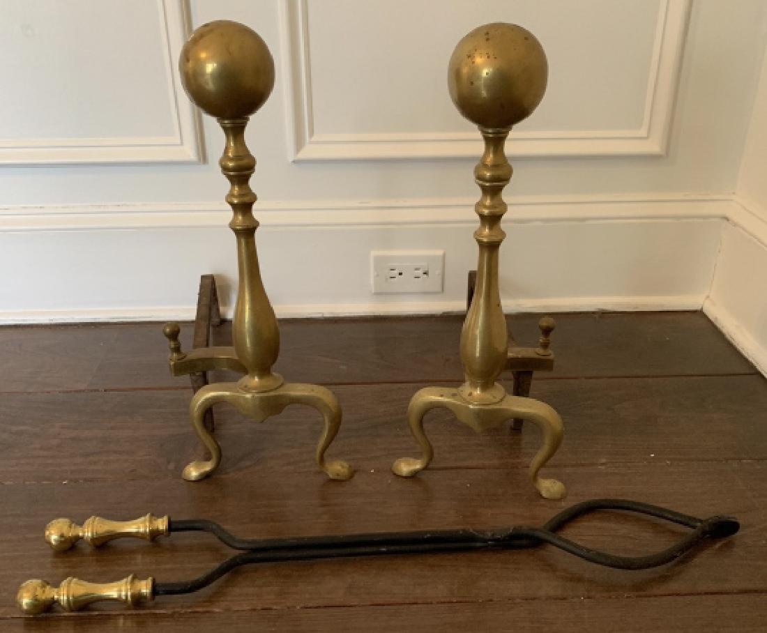 Pair Brass Fireplace Andirons & Tool (1 of 4)