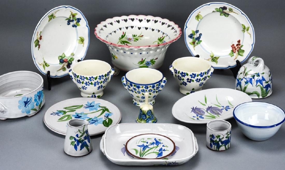 Lot of Hand Painted Floral Pottery Serveware: Lot of Hand Painted Floral Pottery Serveware. This lot includes mixed maker and style pottery serveware pieces, each with a hand painted floral motif. Includes two Villeroy & Bosch bowls which each me