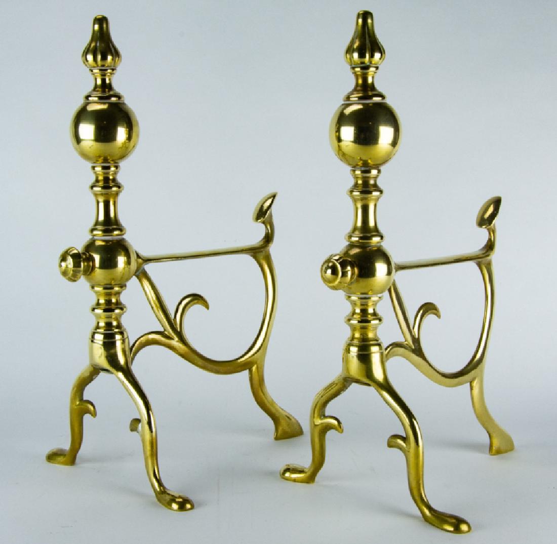 Pair Antique Diminutive Brass Andirons: Pair Antique Diminutive / Small Scale Brass Andirons. Each measures 13.5 inches x 6.5 inches x 8 inches.