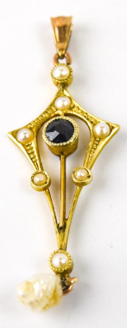 Antique Edwardian 14k Gold Pearl Lavalier Pendant: Antique Edwardian 14k Gold Pearl Lavalier Pendant. Hallmarked. Set with seed pearls and garnet. Measures 1.75 inches in length.
