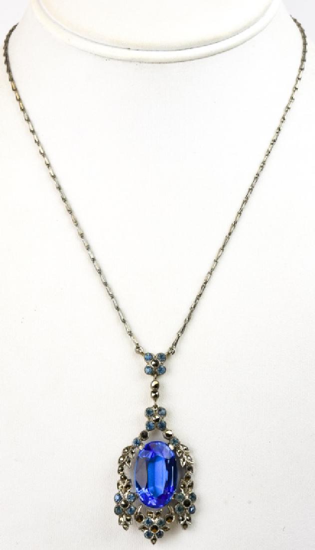 Antique Art Deco Sterling & Marcasite Necklace: Antique Art Deco Sterling & Marcasite Necklace w Large Blue Crystal. Measures 16 inches in length, plus pendant.