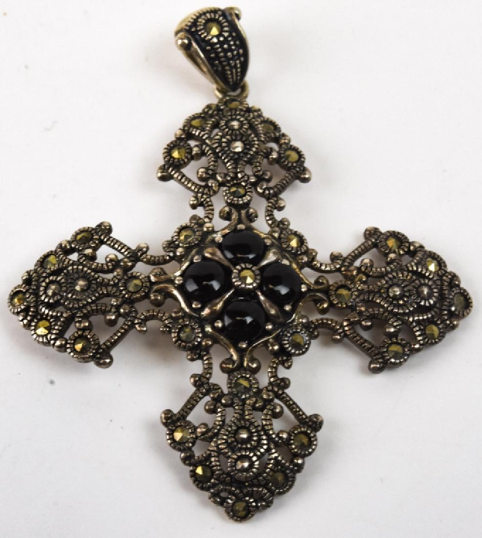 Vintage Sterling Onyx & Marcasite Maltese Cross: Vintage Sterling Onyx & Marcasite Maltese Cross Necklace Pendant. Measures 2.25 inches w bail.