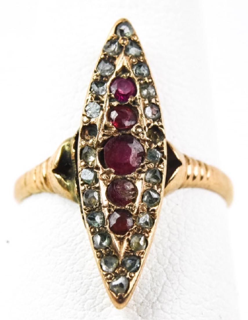 Antique 19th C Gold Diamond & Ruby Navette Ring (1 of 4)