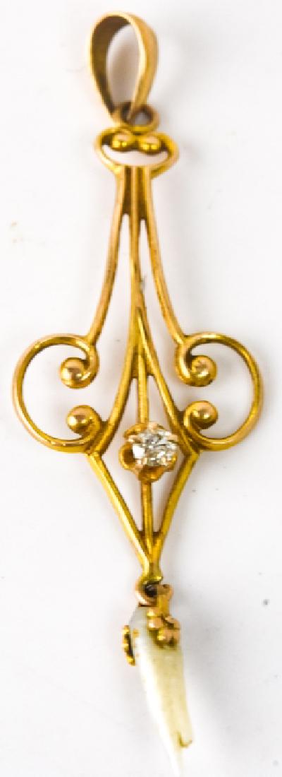 Antique Edwardian Gold & Diamond Lavalier Pendant: Antique Edwardian Gold & Diamond Lavalier Pendant. 10kt yellow gold diamond and pearl pendant. Measures nearly 1.75 inches in length.