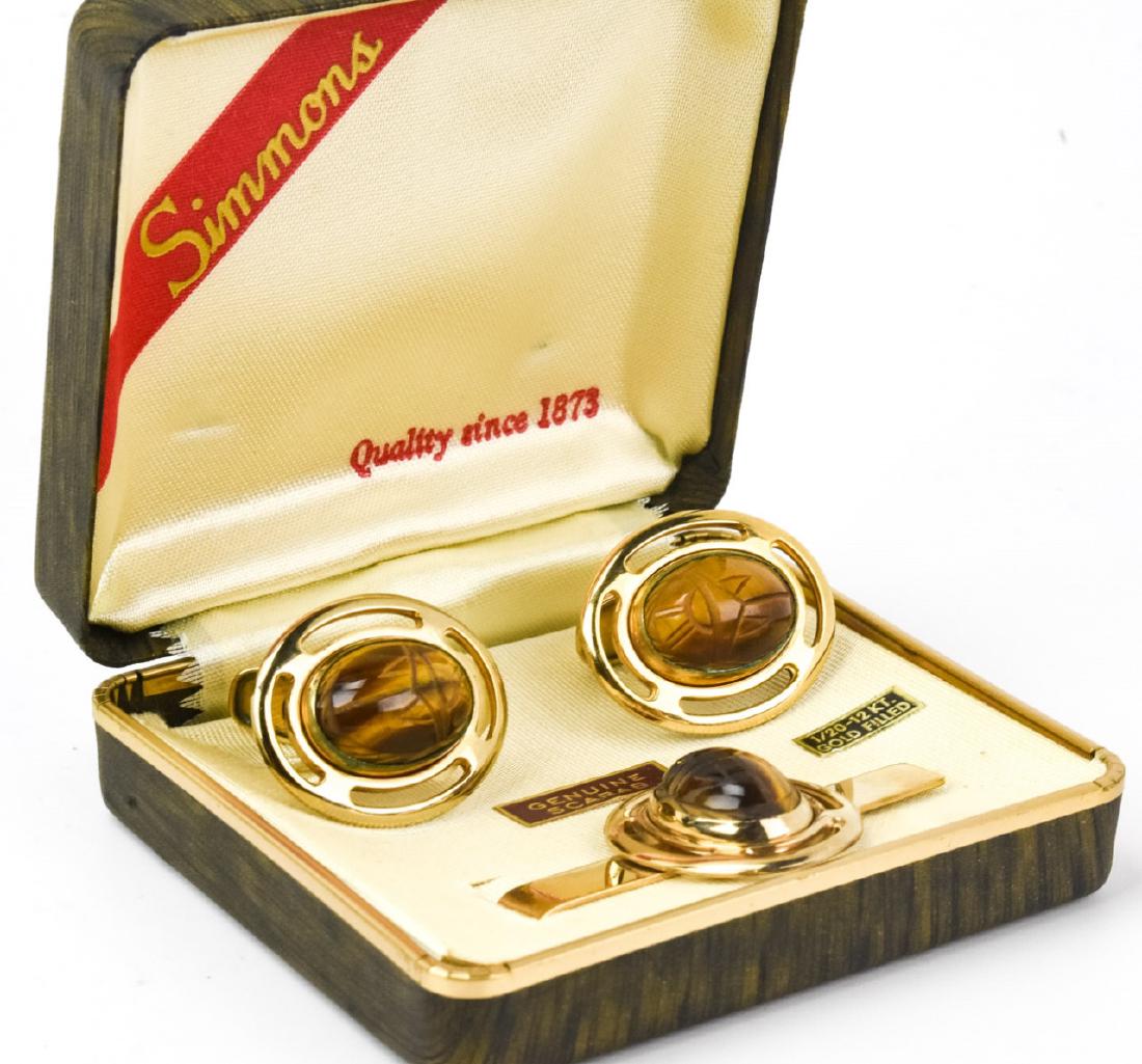 Gold Filled Tigers Eye Scarab Cuff Links & Tie Bar (1 of 6)
