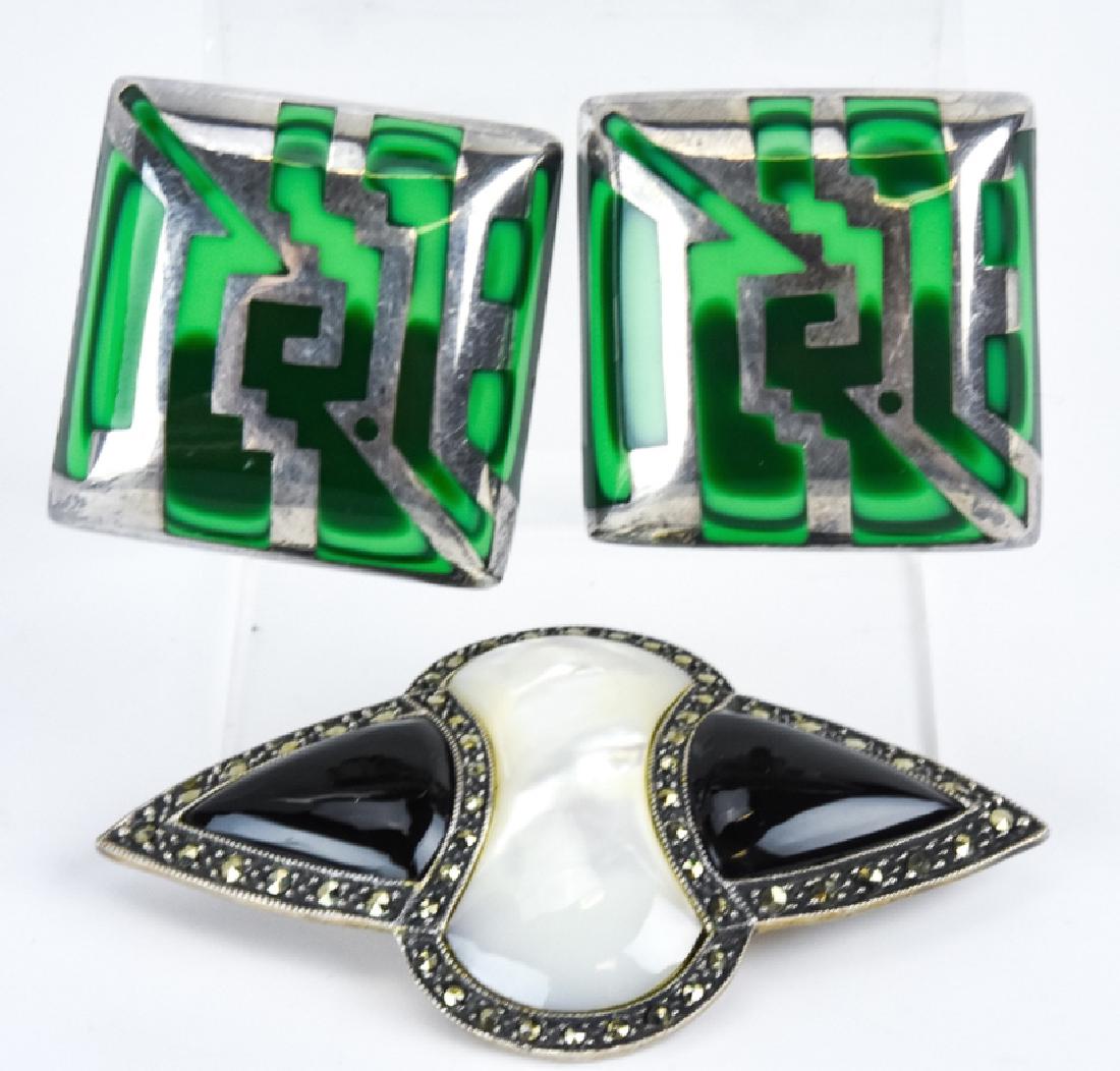 Vintage Sterling Silver Earrings & Brooch Pin: Vintage Sterling Silver Earrings & Brooch Pin. Hallmarked. Brooch with marcasite, mother of pearl and onyx. Brooch measures 2.5 inches in width.