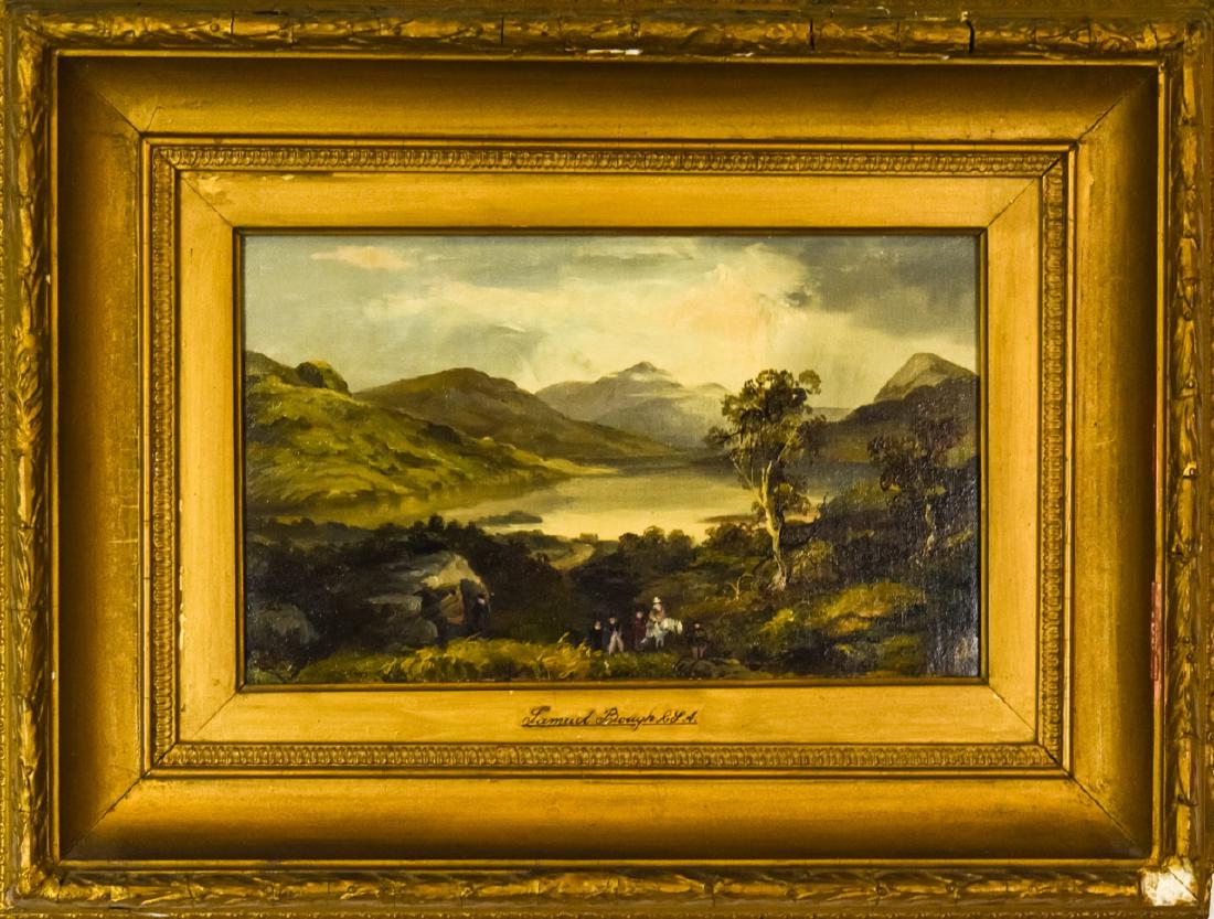 Samuel Bough Antique 19th C Landscape Painting: Samuel Bough Antique 19th C Landscape Painting. Landscape oil painting with lake, mountains and figures in foreground. Samuel Bough RSA (1822–1878) was an English-born landscape painter who spent mu