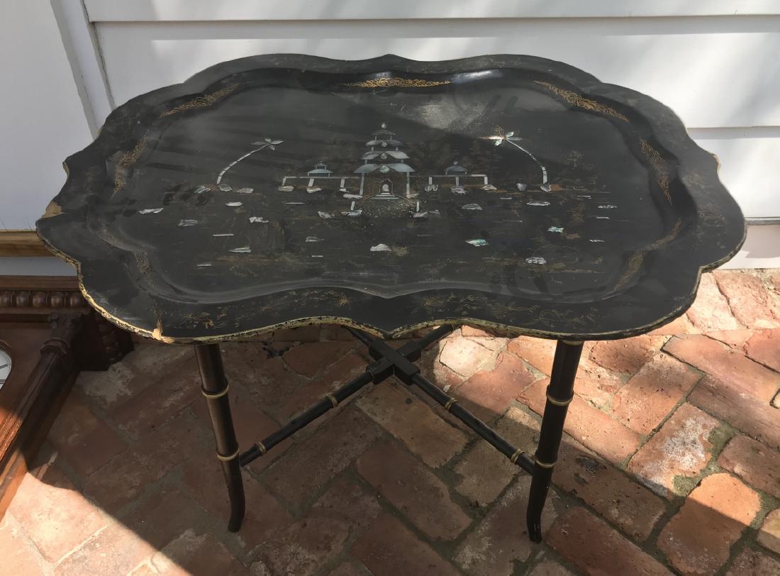 Antique 19th C Tray on Custom Made Base: Antique 19th C Tray on Custom Made Base. Faux bamboo base