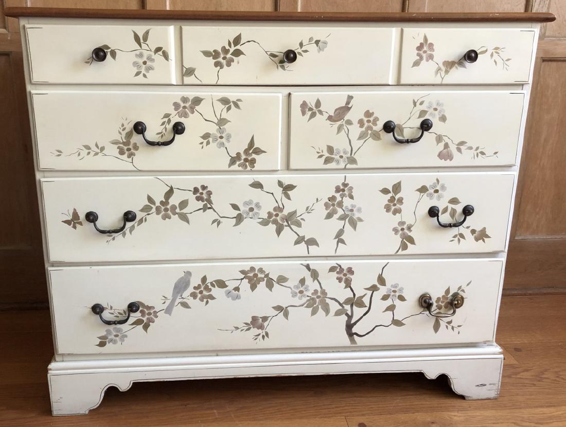 Vintage Ethan Allen Hand Stenciled Dresser: Vintage Ethan Allen Hand Stenciled Dresser. White dresser with stencils of birds on a dogwood tree. 35 inches x 42 inches x 19 inches