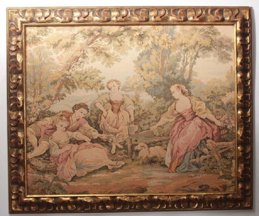 Framed Vintage French Rococo Style Taperstry