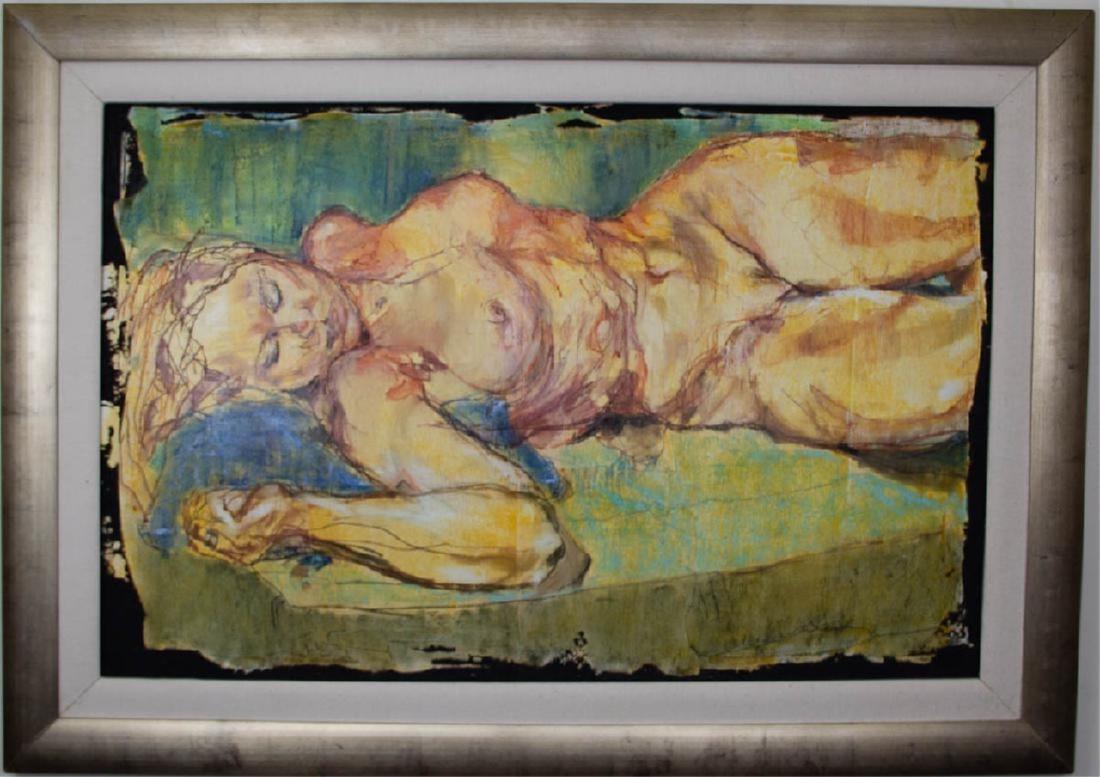 Large Contemporary Nude Multi Media Panel Painting: Large Contemporary Nude Multi Media Panel Painting. Entitled "In Cordis Et Mentis" signed and copyright 2000 by Daniel Dugan. Noted as Dry Media on Panel. Framed in contemporary gilt frame with creme 