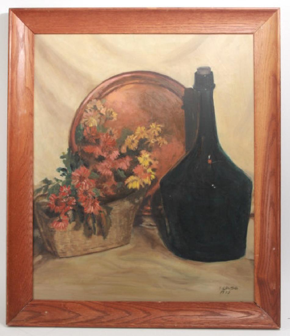 Eanger Irving Couse Still Life Oil Painting: Eanger Irving Couse Still Life Oil Painting. Oil on board painting depicting a still life scene with flowers and decanter. Signed by the artist Eanger Irving Couse (American, 1866-1936) in the lower r