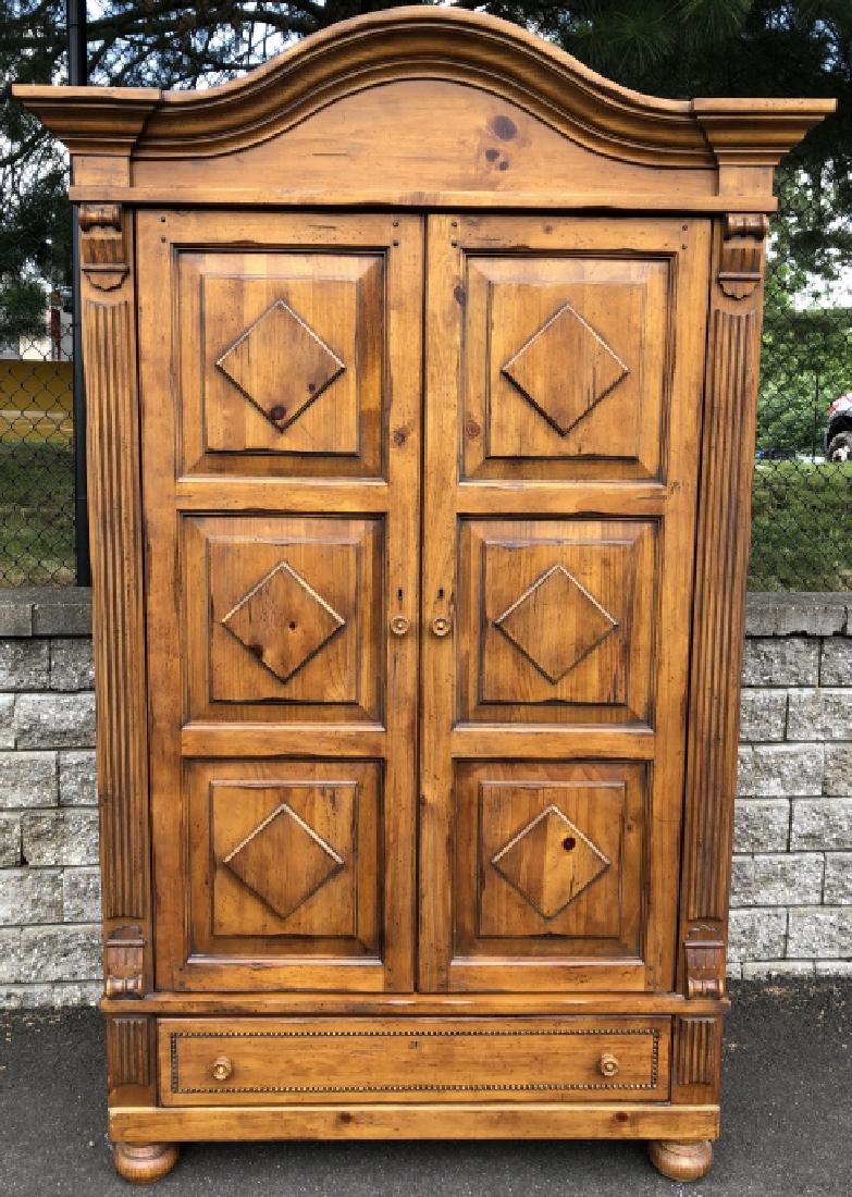 Drexel Pine Wardrobe / Entertainment Center: Drexel Heritage Country Pine Wardrobe / Entertainment Center. Paneled pine doors with column trim, internal storage and drawers. 84 inches x 47 inches x 24 inches. From Berkshires Massachusetts ski ho