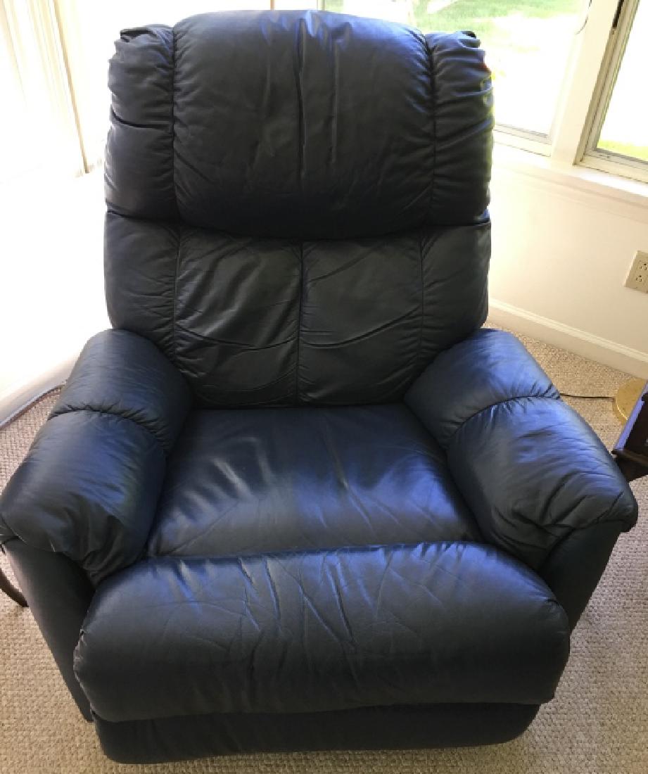 Blue Leather Reclining & Rocking Arm Chair: Blue Leather Reclining & Rocking Arm Chair. 40 inches x 37 inches x 32 inches.