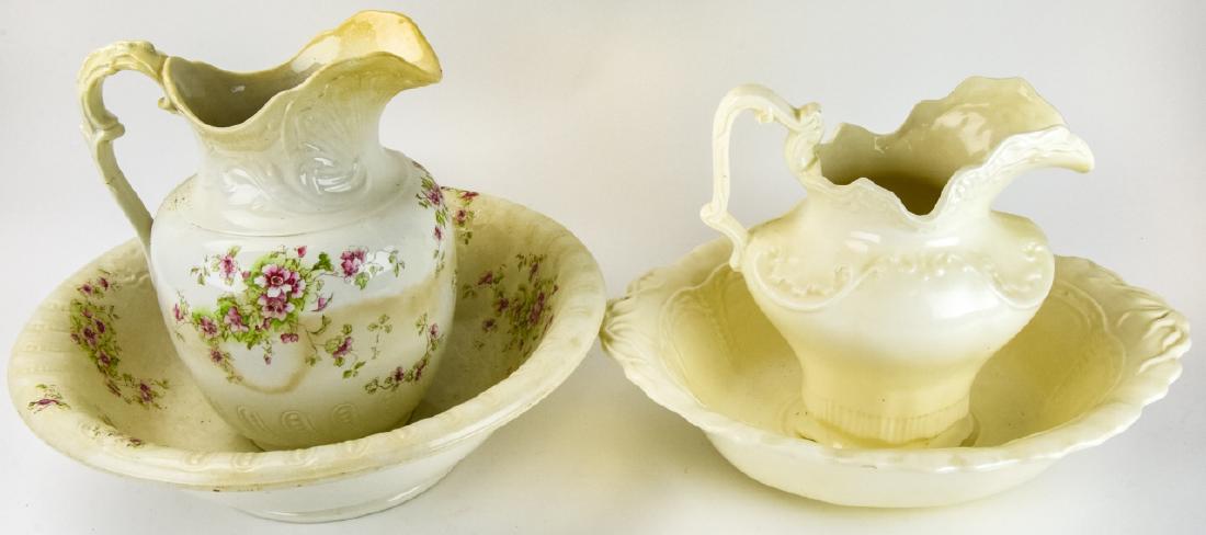 2 Ironstone Water Pitchers & Wash Basins: 2 Ironstone Water Pitchers & Wash Basins. This lot includes two ironstone water pitchers with matching wash basins, one marked Alba China and one marked Norway TSP. Larger pitcher measures approximate